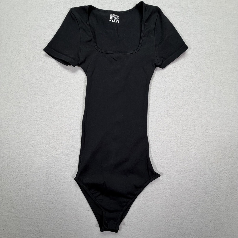 OQQ‎ Bodysuit Womens S Good Black Square Neck Short Sleeve Ribbed Stretch